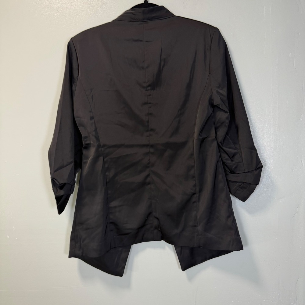 Rachel Zoe Black Satin Ruched 3/4 Sleeve Open Front Blazer Small Office Casual - Picture 6 of 7